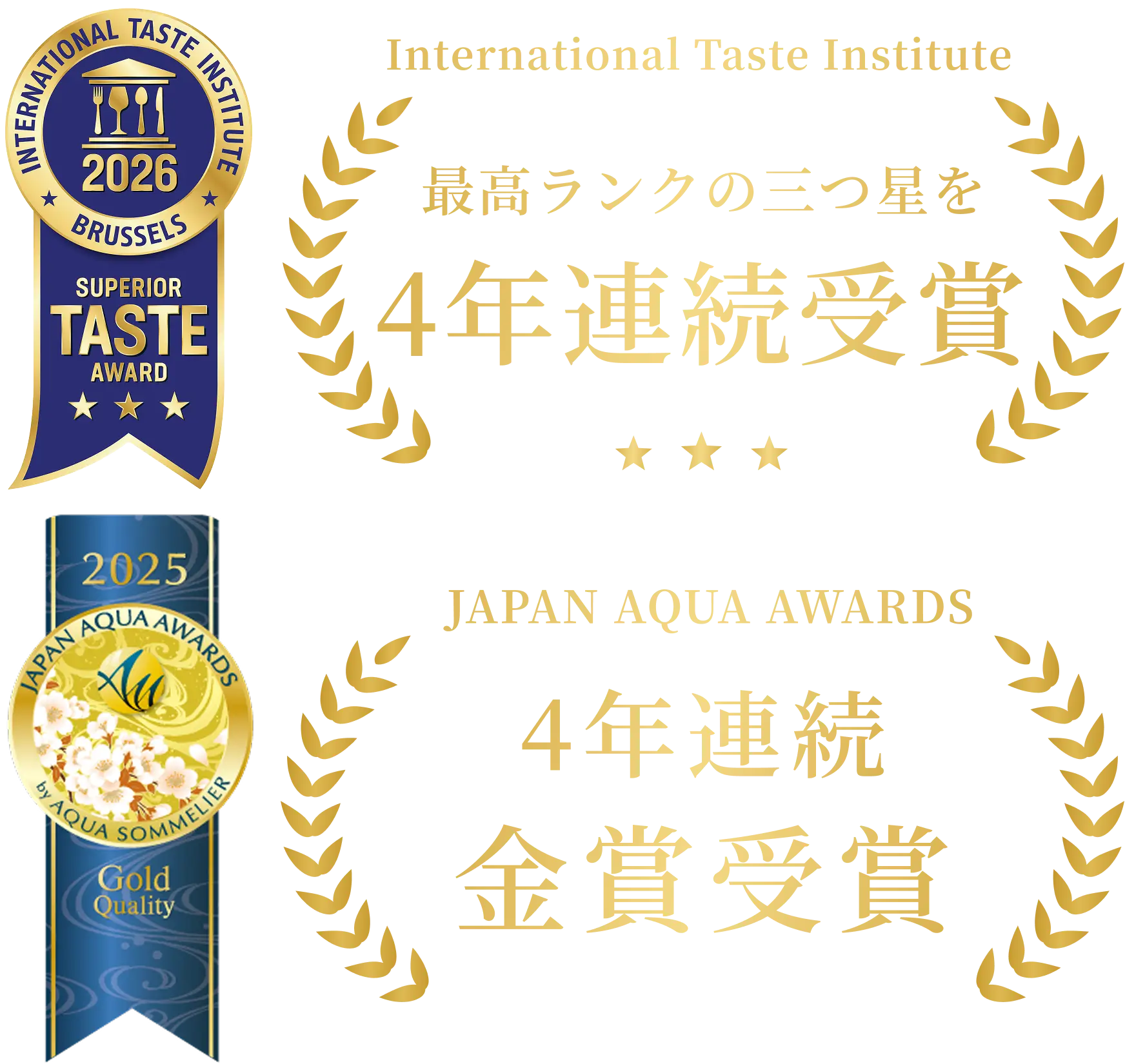 International Taste Institute 最高ランクのクリスタル優秀味覚賞 | JAPAN AQUA AWARDS 2年連続 金賞受賞